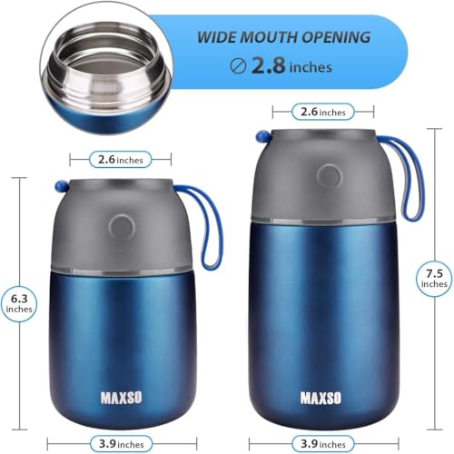 Image of MAXSO 2 Pack Soup Thermo for Hot & Cold Food (24 oz, 17 oz) - Vacuum Insulated Jar, Thermal Lunch Containers for Kids Adults, Travel Flask With Spoon (Dark Blue)