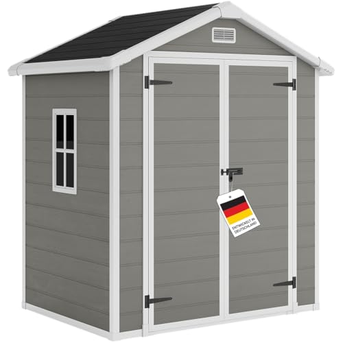 STEELSØN Novara Gerätehaus – Gartenschuppen mit Satteldach & Fenster – Gartenhaus 210x134x182 cm – Geräteschuppen aus Kunststoff in Grau/Schwarz – Gartenhütte wetterfest & rostfrei – Schuppen