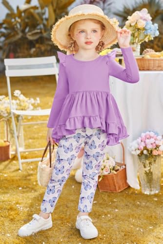 Image of Arshiner Toddler Girl Clothes Ruffle Trim Long Sleeve Pullover Top and Floral Print Leggings Fall Outfits Kids Clothing Sets