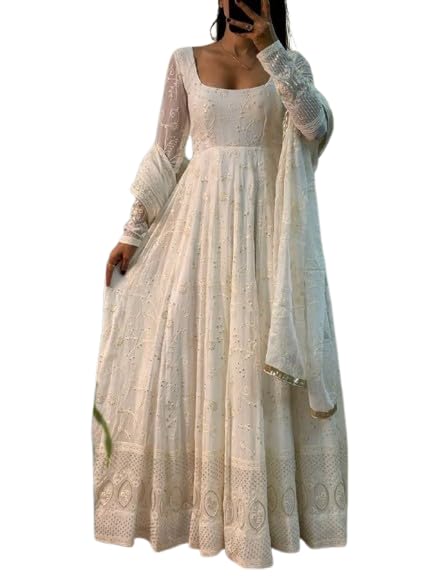 Women's White Chikankari Anarkali Dress, Cotton, Long Sleeves, Embroidered, Traditional Indian Style