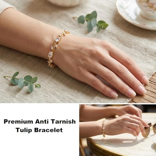 Image of Inites Anti Tarnish Fairy Bloom Floral Tulip Bracelet With White Crystal Stones For Women & Girls | Elegant Floral Branches Golden Chain Link Bracelet Lightweight Jewelry For Daily Wear & Gifts