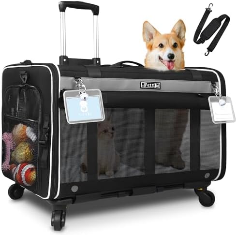 Double Cat Carrier with Wheels Rolling Pet Carrier for 2 Dogs Cats Up to 35lbs Removable Wheels Dog Carrier 2 Compartment for Traveling Camping (Dark Black)