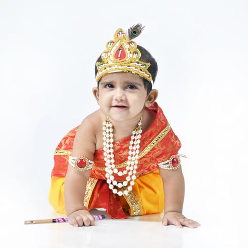 Image of ITSMYCOSTUME Krishna Dress for Baby Boy Kids Set of 10(Dhoti,Hip Cover,Patka,Mukut,Morpankh,Bansuri,Kamarband,Bajuband,Kundal) Little Krishna Ji Kanha Janmasthmi Costume