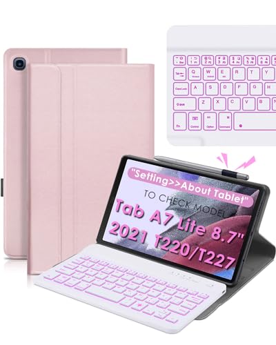 DETUOSI �o�b�N���C�g�t���L�[�{�[�h�P�[�X Samsung Galaxy Tab A7 Lite 8.7�C���` 2021 (SM-T220/T227U) S�y���z���_�[�t�� 3�̎���p ��܂背�U�[�u�b�N�J�o�[ �}�O�l�b�g�J�� + ���C�����X�L�[