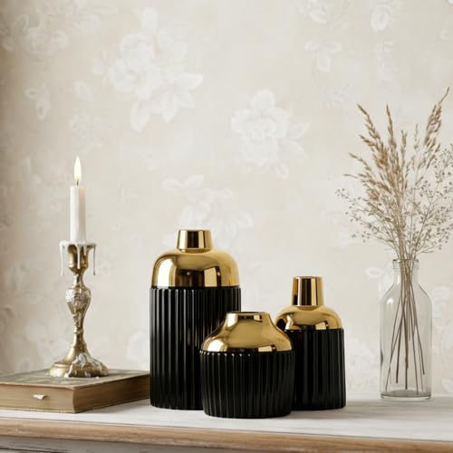 Vases en céramique noire et dorée lot de 3 design côtelé pour herbe de pampa