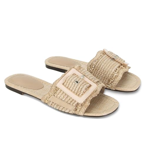 Image of ZJGZF Raffia Sandals for Women Buckle Straw flats Woven Braided Rattan Slides Summer Beach Sandals Comfort Cute Shoes
