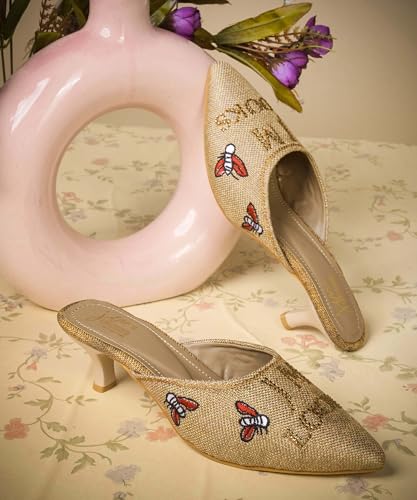 Image of JM LOOKS Pointed Toe Kitten Heel Mules Featuring Exquisite Bee Embroidery and Shimmering Textured Fabric Finish