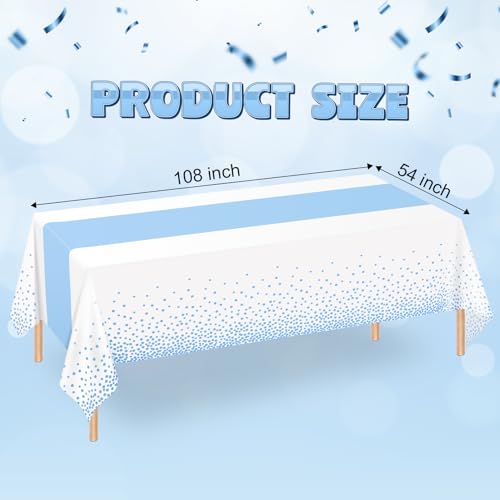 Image of WNINK 4 Pack White and Light Blue Tablecloths, Light Blue Disposable Plastic Waterproof Table Cover, 54 inch x 108 inch, for Birthday, Baby Shower,Wedding, Bridal Shower, Picnic Camping Parties