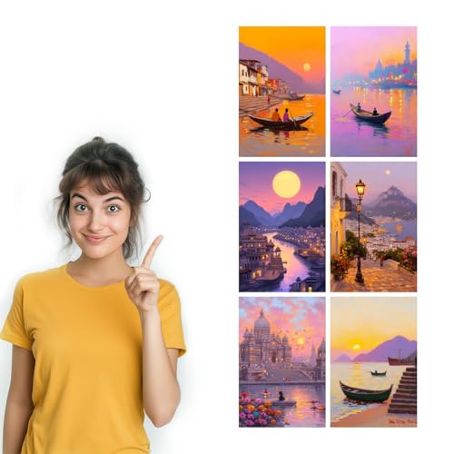 Image of SiddArtify Sunset Cityscape Wall Art Poster Print Set - Impressionist Boat & Building Decor for Living Room Bedroom Office - 12x18 inch Board Pack of 6