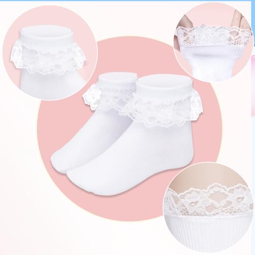 3 Pairs Girls Ruffle Socks White Ruffled Lace Socks for Girls Toddler Frilly Dress3