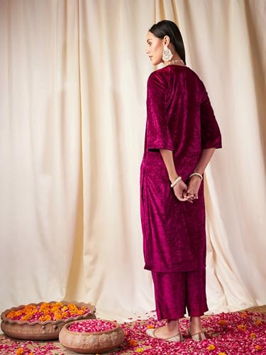 Image of Women's Velvet Floral Embroidered Straight Kurta | Round Neck Three-Quarter Sleeve Calf Length Kurti with Thread Work