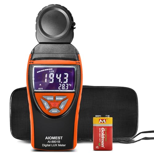 AIOMEST Luxómetro digital portátil, fotómetro 0,1 ~ 400,000 lux con retención de datos, detector giratorio de 270 ° con pantalla LCD para plantas, oficina, luz LED, AI-8801B (naranja)