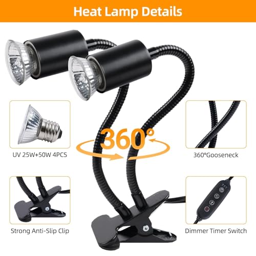 Image of Turtle Basking Light (Cycle Timer), Tortoise Lamp UVA UVB Heat Bulbs -2 Pack 50W+ 2 Pack 25W, 360Rotatable Turtle UVA /UVB Basking Heat Light Bulb for Lizard, Beared Dragon