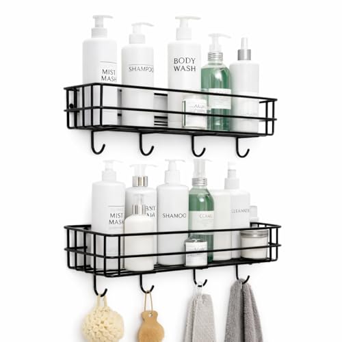 Image of DecorTwist Bathroom Organiser Without Drill | Self Adhesive Wall Shelf Rack | Rustproof Metal | Shampoo Holder for Bathroom | Wall Mounted Storage with Hooks | Kitchen Laundry | 28 cm (Pack of 2)