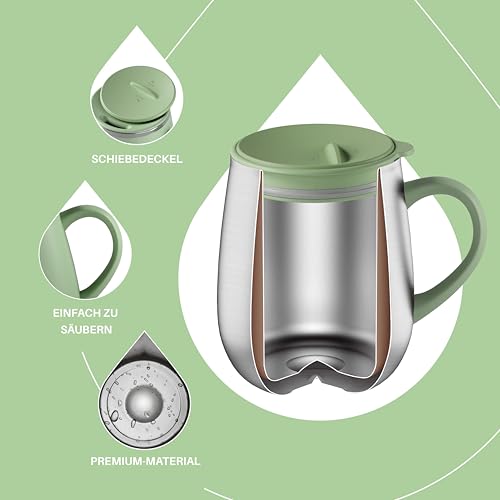 Ideus Kaffeebecher 470 ml (16 oz), doppelwandige vakuumisolierte Kaffee- und Teetasse aus Edelstahl mit rutschfestem Griff und Schiebemoduldeckel und großem Volumen (Grasgrün) – Bild 3