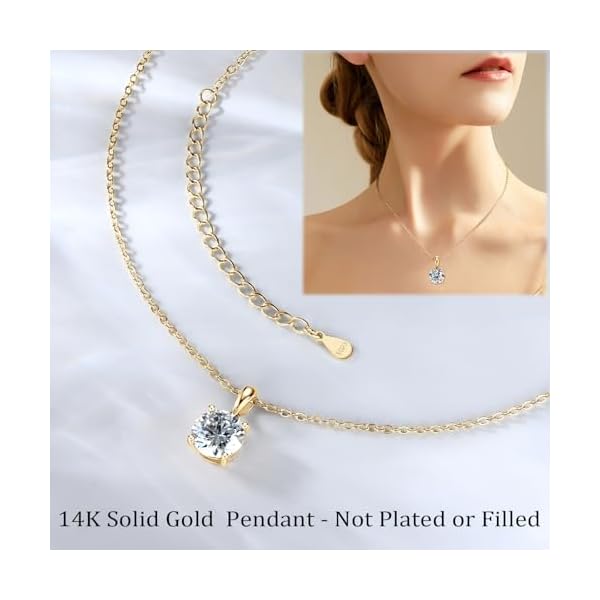 14K Solid Yellow Gold Moissanite Pendant with Sterling Silver Chain, 2.0CT 8mm Round Cut Solitaire Moissanite Necklace Fine Jewelry Anniversary Birthday Christmas Gifts for Women Her Wife - Image 6