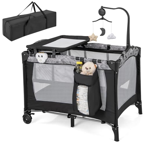 COSTWAY 3 in 1 Beistellbett klappbar, Reisebett mit Matratze, Hängespielzeug, Spieluhr, Wickeltisch & Tragetasche, 2 Ebene Babybett mit Rollen für Baby bis 36 Monaten (Grau)