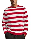Striped Shirt Mens Long Sleeve Crew Neck Tshirt(Red/White,L)