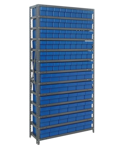Quantum 1875-624BL Heavy Duty Shelving Unit with (13) Shelves (54) QED604 and (36) QED602 Blue Bins for Industrial Warehouse Storage | 400 lbs Capacity | 18"D x 36"L x 75"H, Galvanized Carbon Steel