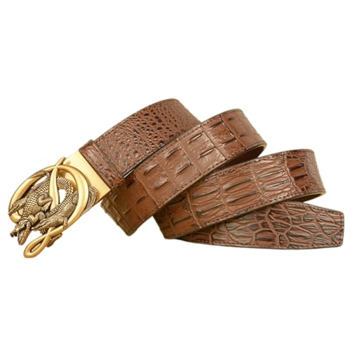 Men's Crocodile Pattern Leather Ratchet Belt With Gold Carved 3-Crocodile Automatic Buckle, Cut-to-Fit3