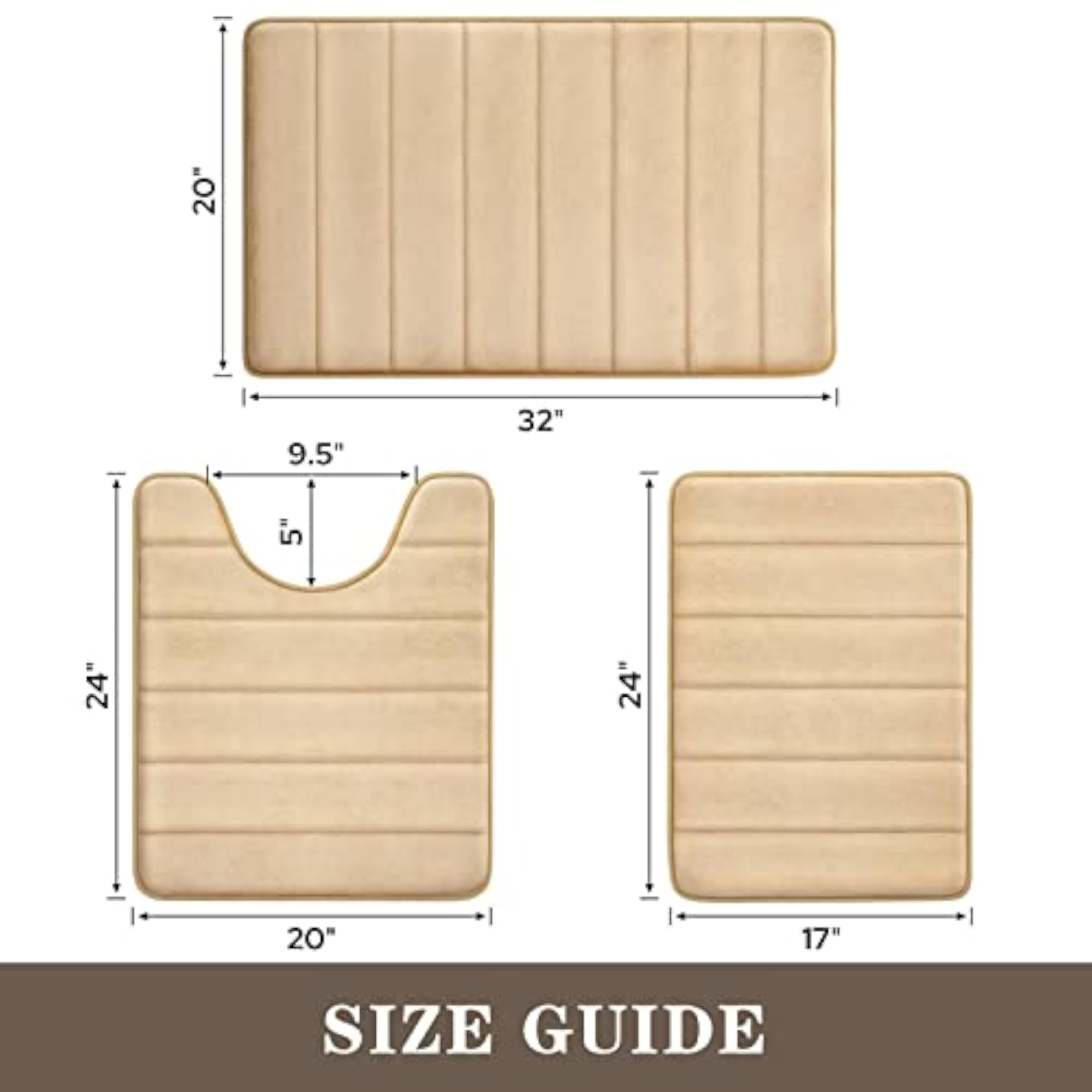 Beige/Camel 3 Piece Non Slip Bathroom Rug Set