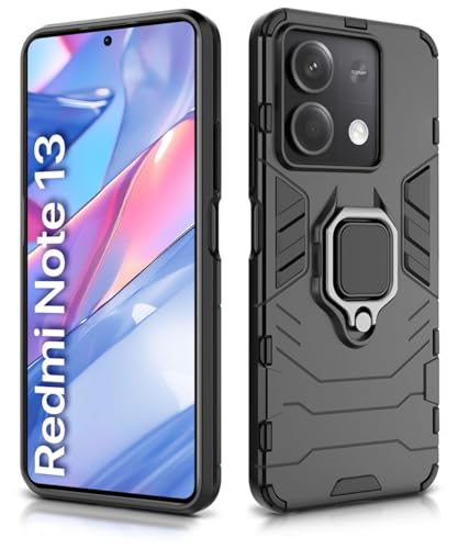Image of WOW IMAGINE Shock Proof Back Case Mobile Cover for Xiaomi Mi Redmi Note 13 5G | Back Cover Case (Tough Armor | Hybrid PC + TPU | Ring Holder & in-Built Kickstand | Black)