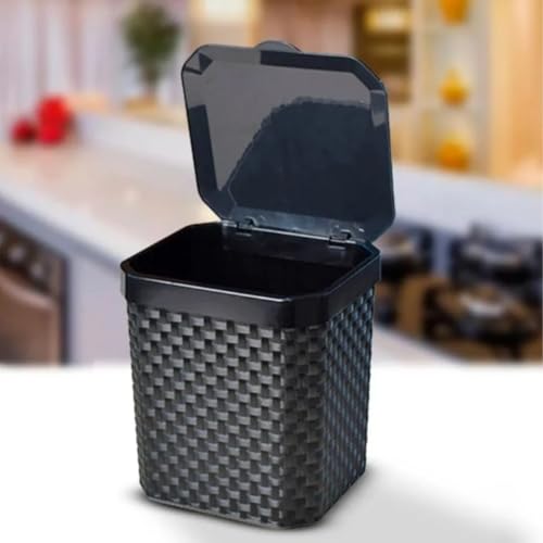 Lixeira Rattan para Pia de Cozinha e Escritório, 5 Litros, Preta com Tampa, Multiuso - Design Minima