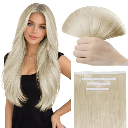 Image of Full Shine Invisible Tape in Weft Hair Extensions Human Hair, Color 60 Ash Blonde, Genius Weft Tape in Hair Extensions, 20 Inch 4PCS 120g Long Straight for Party