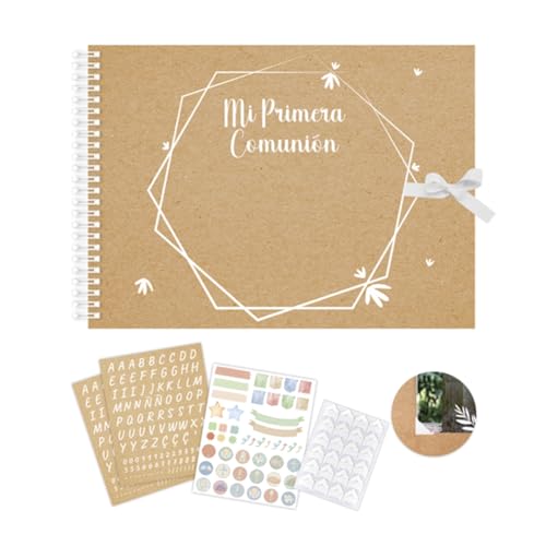 Libro de Primera Comunión Personalizable | Incluye Espacios para Fotos y Dedicatorias | Formato Kraft con Cierre de Lazo | 30 Páginas + 6 Hojas de Pegatinas y Esquineras Adhesivas | NiñA
