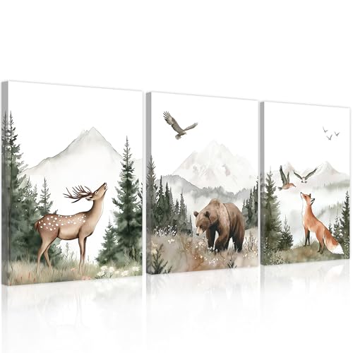 Nursery Wall Art Wild Woodland Animals Wall Decor Deer Bear Fox Watercolor Pictures Paintings Prints Adventure Theme Canvas Posters for Boys Bedroom Girls Living Room 12x16 inches 3Pcs Framed