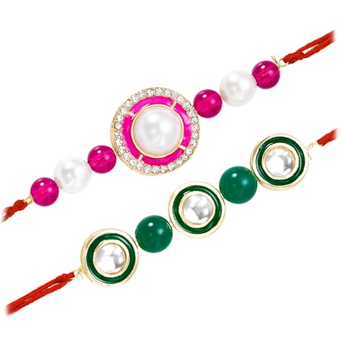 Image of Peora Rakhshabandhan Thread Rakhi for Brother Bhaiya | Kundan Beads & Crystal Studded | Combo Set of 2 | Rakhi Hamper Roli Chawal & Greeting Card