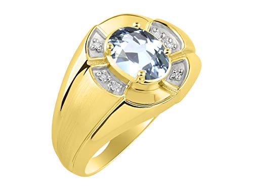 Image of Rylos Yellow Gold Plated Silver Men's & or Ladies Ring with 8X6MM Oval Gemstone & Diamonds - Unisex Color Stone Birthstone Ring Sizes 7-13
