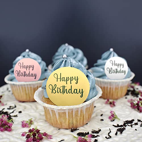 Aiex 33Pcs Acrylic Happy Birthday Topper, Acrylic Happy Birthday Disc Mirror Acrylic Cupcake Toppers Mini Acrylic Cupcake Toppers Custom Cake Topper Name (Gold, Silver And Rose Gold, Round) #TOP5