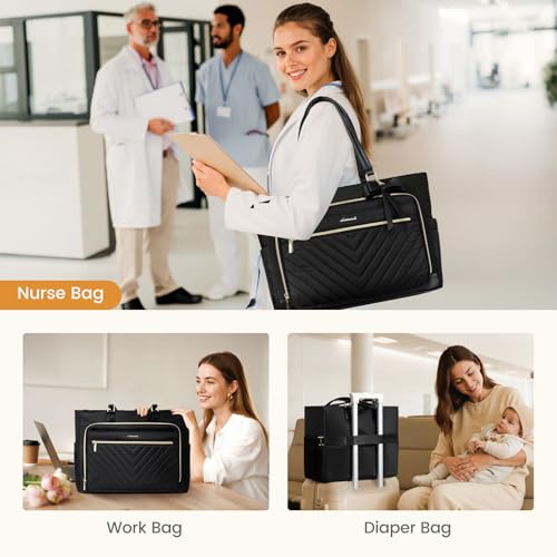 Image of LOVEVOOK Laptop Tote Bag for Women, Work Bag Teacher Tote with Large Cup Holder, Quilted Nurse Diaper Bag for Travel, Computer Women's handbags for Teacher gift, Black, 15.6 Inch