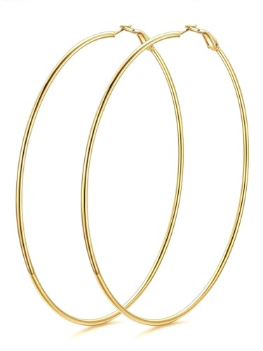 KeyStyle Gold Hoop Earrings for Women, Stainless Steel Hoops Earring Lightweight Loops, 2 mm Thick Hypoallergenic Circle Endless Thin Hoop (30 mm,50 mm,70 mm,100 mm)