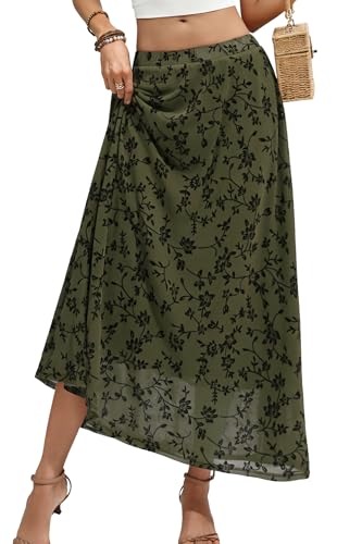 ELLEVEN Maxi Long Skirts for Women Flowy Boho Trendy Floral Casual Y2K Midi Skirt High Waisted Beach Spring Summer Cute Vacation Country Concert Outfits Army Green Medium