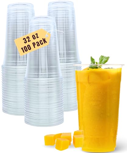 Aatriet 100 Pack 32 oz Clear Plastic Cups 32oz Disposable Iced Cold Coffee Cups Sturdy Recylable Drinking Cup for Milkshake Smoothie Cocktail Cold Drinks Large Tumblers Wine Glasses for Wedding