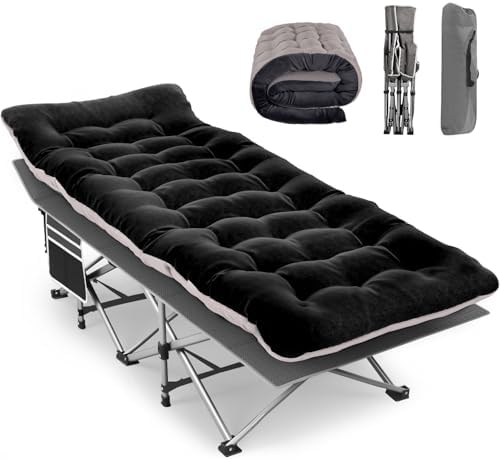 Camping Cots for Adults with Mattress - Portable Folding Bed with Storage Bag & Comfortable Cushion, Compact Sleeping Cot for Outdoor Travel, Camping, Office Nap, Home Guest (Black)