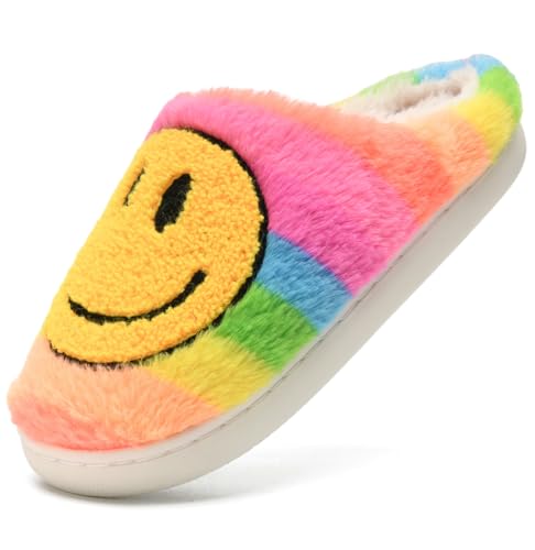 Cute Smile Face Slippers, Fuupnn Retro Soft Plush Furry Fluffy Indoor Outdoor Shoes Comfy Warm Fleece Lined Fuzzy Slip-on Cloud sliders with Memory Foam Happy Face Slippers Couples Cute Cartoon Non Slip Smile Slippers for Winter3