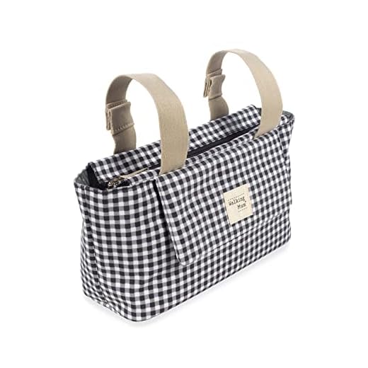 Walking Mum. Bolso organizador I Love Vichy. Bolsa de maternidad para silla de paseo. Asas cortas para fijar al carro. Color Negro. Medidas 31X17X12 cm.