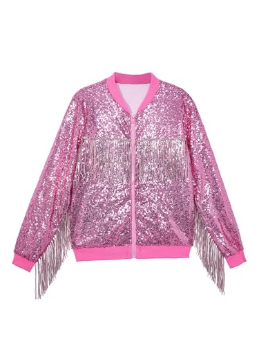 iiniim Kids Girls Boys Sequins Fringe Jacket Long Sleeve Hip Hop Jazz Tassel Coat Disco Party Sparkle Clothes Outerwear