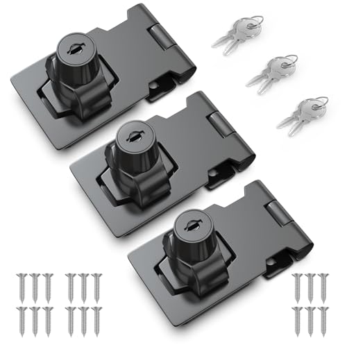 Image of 2.5 Inch Keyed Hasp Lock for Cabinets & Small Doors, Twist Knob Design, Heavy Duty Zinc Alloy with Chrome-Plated Iron, Includes Keys & Screws - Black, 3 Pack