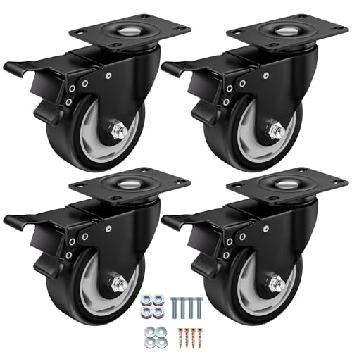 Image of 3 Inch Caster Wheels, Casters Set of 4, ASHGOOB Casters with Brake Heavy Duty 1200 Lbs, Industrial Locking Swivel Top Plate Castor Wheels for Workbench /Furniture /Cart.(AB Switch, Double Pedal Brake)