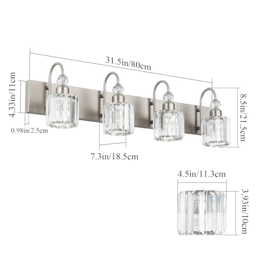 Image of Ralbay 4-Light Crystal Vanity Light for Bathroom Brushed Nickel Modern Bathroom Light Fixtures