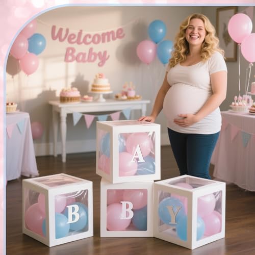 Image of Ledido Baby Boxes with Letters for Baby Shower Decorations, 4 pcs Clear Balloon Boxes with Letters for Boys Girls Gender Reveal Decorations Birthday Wedding Backdrop Party (White)