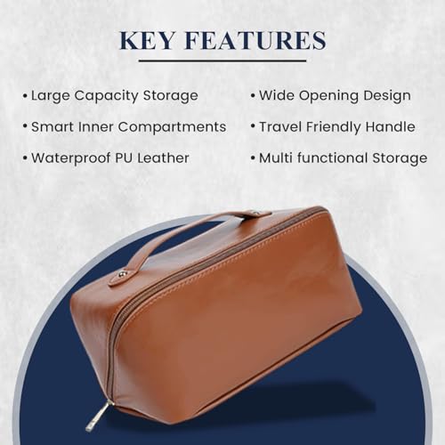 Image of Large Capacity Travel Cosmetic Bag with Handle and Inner Divider | Premium PU Leather Makeup Storage Case | Waterproof Portable Wide Opening Toiletry & Vanity Pouch for Women & Girls (Black)