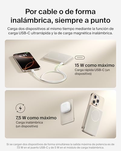 Batería externa Qi2 de 5000mAh Belkin BoostCharge con cable USB-C color beis 4