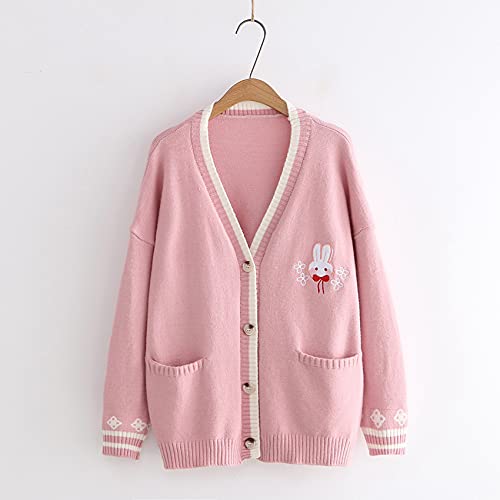Coriresha Cute Rabbit Embroidered Cardigan Sweater Patchwork Button Knit Outwear With Pockets Pink #TOP2