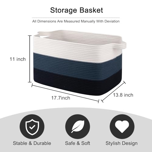 Image of OIAHOMY Blanket Basket, Rectangle Woven Baskets, Nursery Blanket Storage Living Room, Toy Storage With Handle, Large Baskets for Organizing-17.7 inchx13.8 inchx11 inch-Gradient Blue