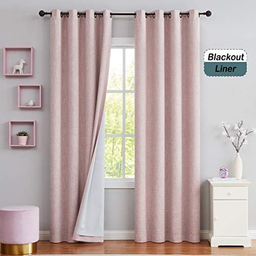 Pink Solid Full Blackout Curtain Heavy Linen Texture Room Darkening Window Treatment for Bedroom Noise Reducing Drapes 8 Grommets Top for Living Room with Gray Liner, Pink, 50″ x 84″, 2 Panels